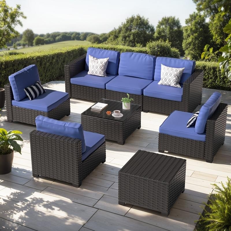 Set di mobili da giardino in vimini da 8 pezzi con tavolo contenitore blu