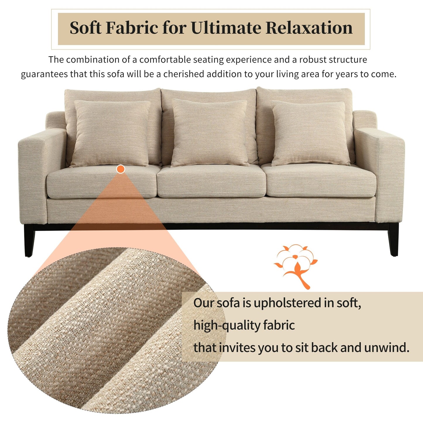 Divano a 3 posti in poliestere 80,5, finiture in legno massello - Comfort premium per soggiorno o studio