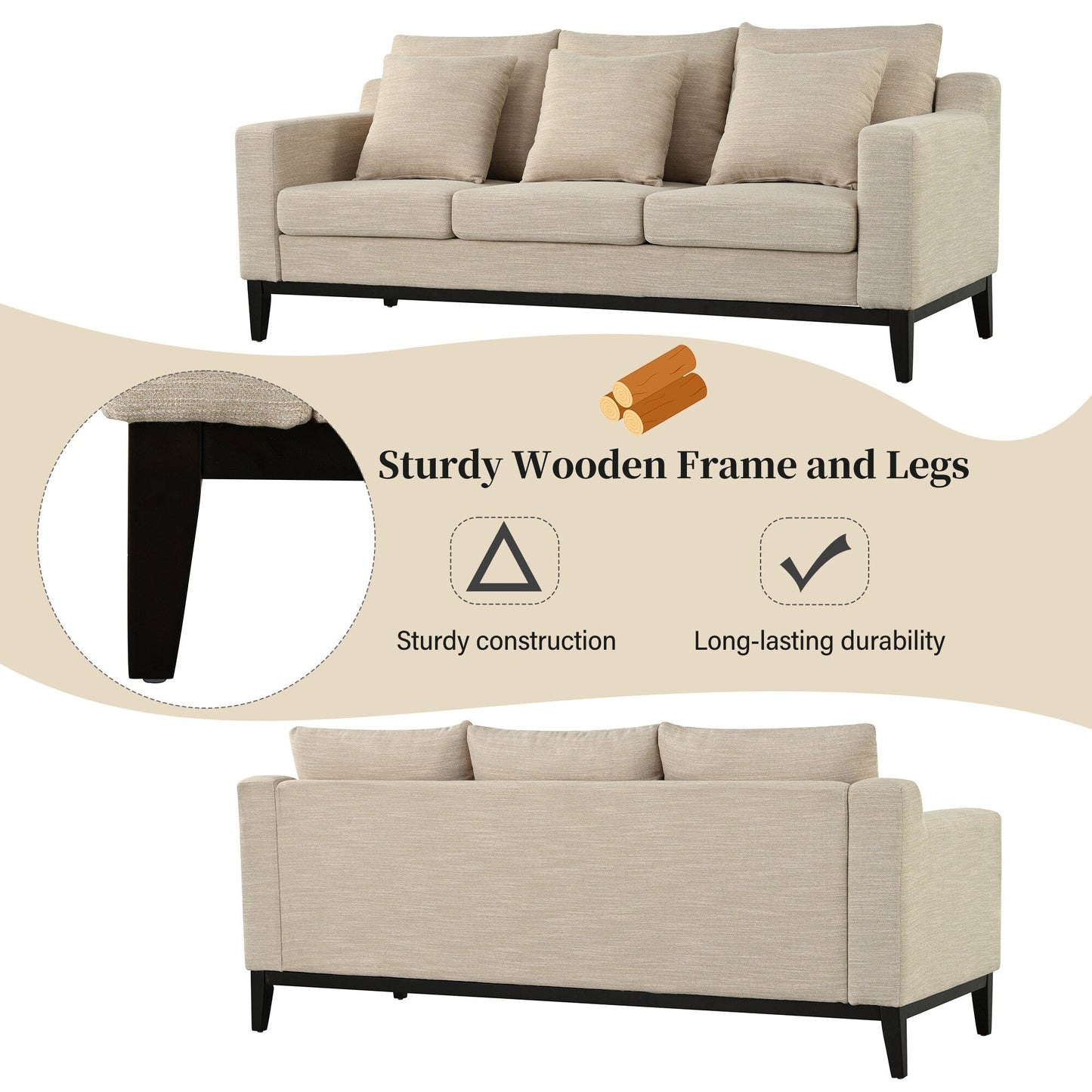 Divano a 3 posti in poliestere 80,5, finiture in legno massello - Comfort premium per soggiorno o studio