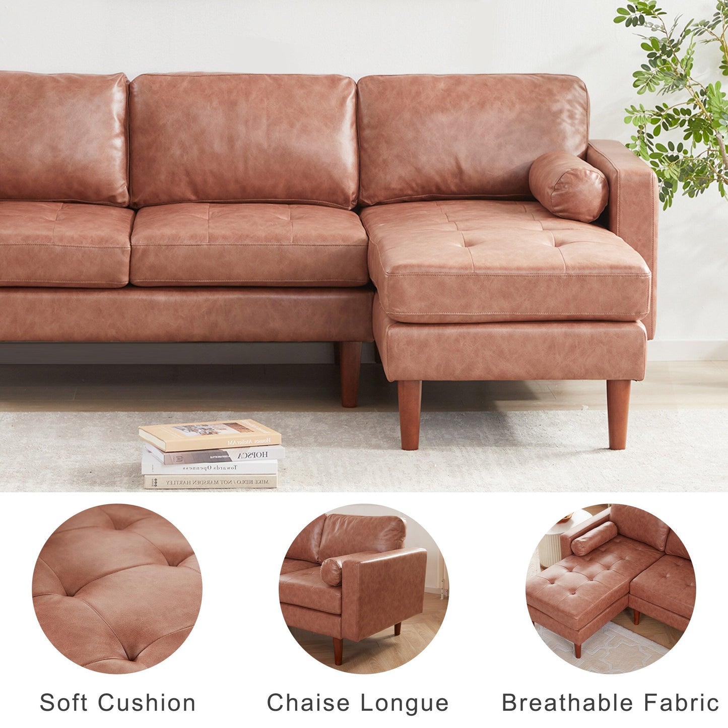 Divano componibile a 3 posti a forma di L in tessuto 80, con cuscini trapuntati, chaise longue reversibile e robusta struttura in legno