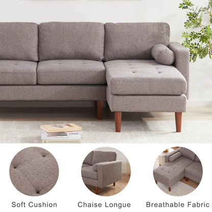 Divano componibile a L in tessuto 80 con cuscini trapuntati e chaise longue reversibile