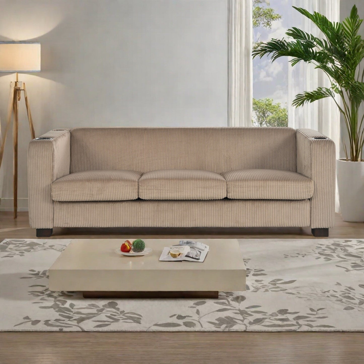 Divano a 3 posti in legno massello da 80 pollici con 2 porte USB e due portabicchieri