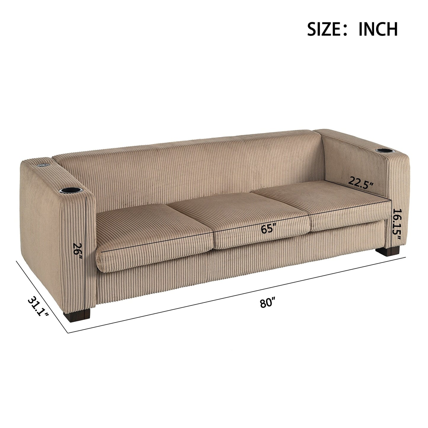 Divano a 3 posti in legno massello da 80 pollici con 2 porte USB e due portabicchieri