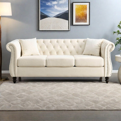 Divano Chesterfield in velluto 80 a 3 posti con design capitonné, finiture con borchie e 2 cuscini