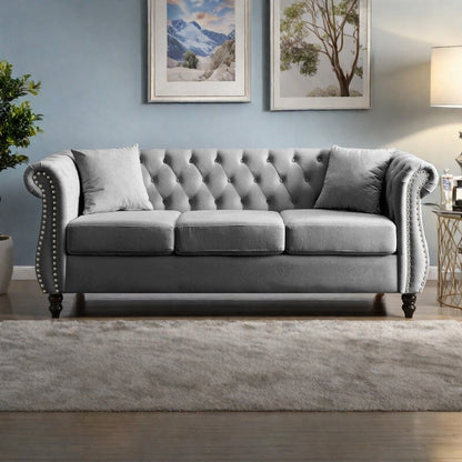 Divano Chesterfield in velluto 80 a 3 posti con design capitonné, finiture con borchie e 2 cuscini