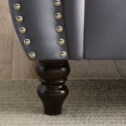 Divano Chesterfield in velluto 80 a 3 posti con design capitonné, finiture con borchie e 2 cuscini
