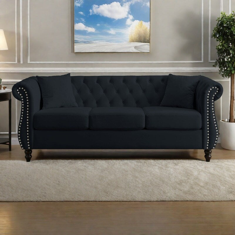 Divano Chesterfield in velluto 80 a 3 posti con design capitonné, finiture con borchie e 2 cuscini