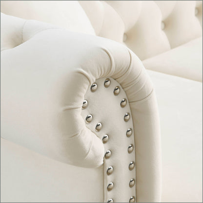 Divano Chesterfield in velluto 80 a 3 posti con design capitonné, finiture con borchie e 2 cuscini