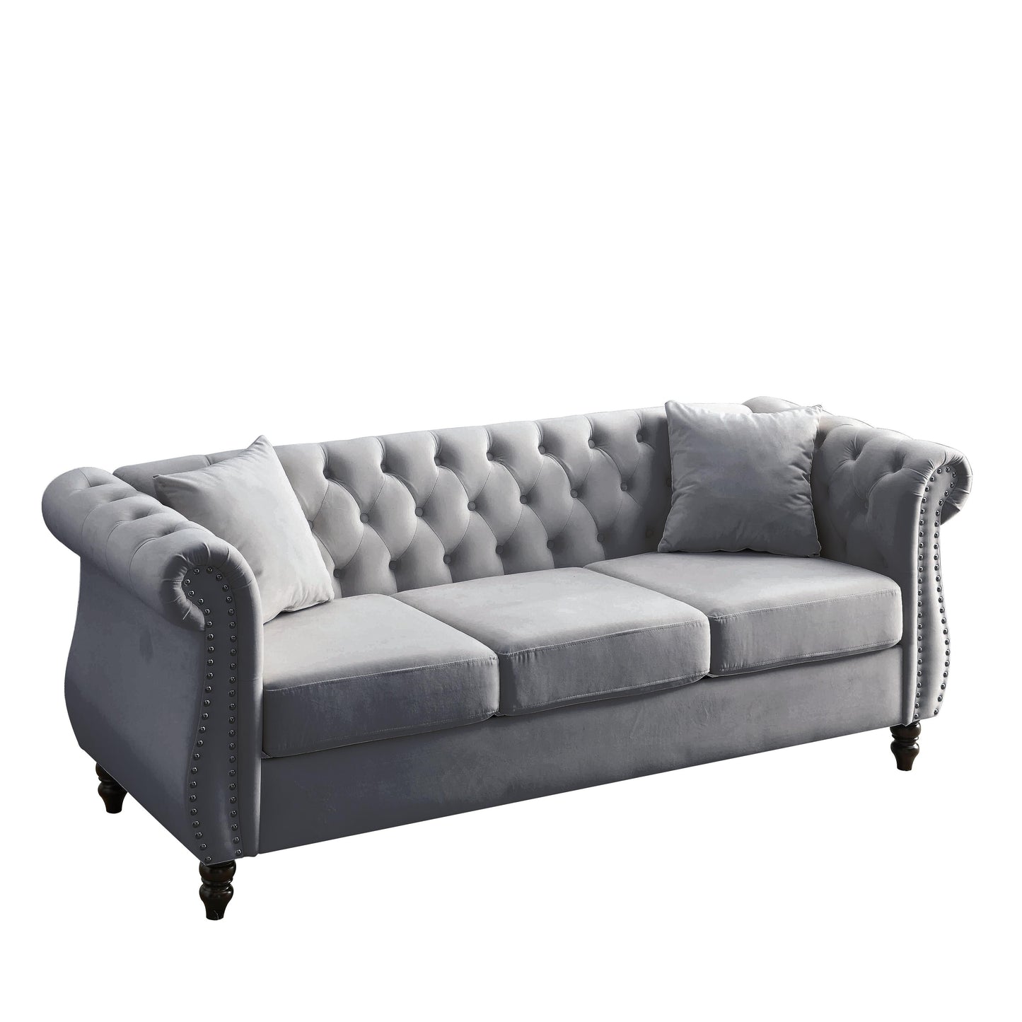 Divano Chesterfield in velluto 80 a 3 posti con design capitonné, finiture con borchie e 2 cuscini