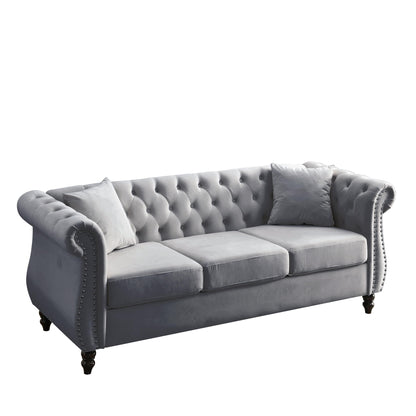 Divano Chesterfield in velluto 80 a 3 posti con design capitonné, finiture con borchie e 2 cuscini