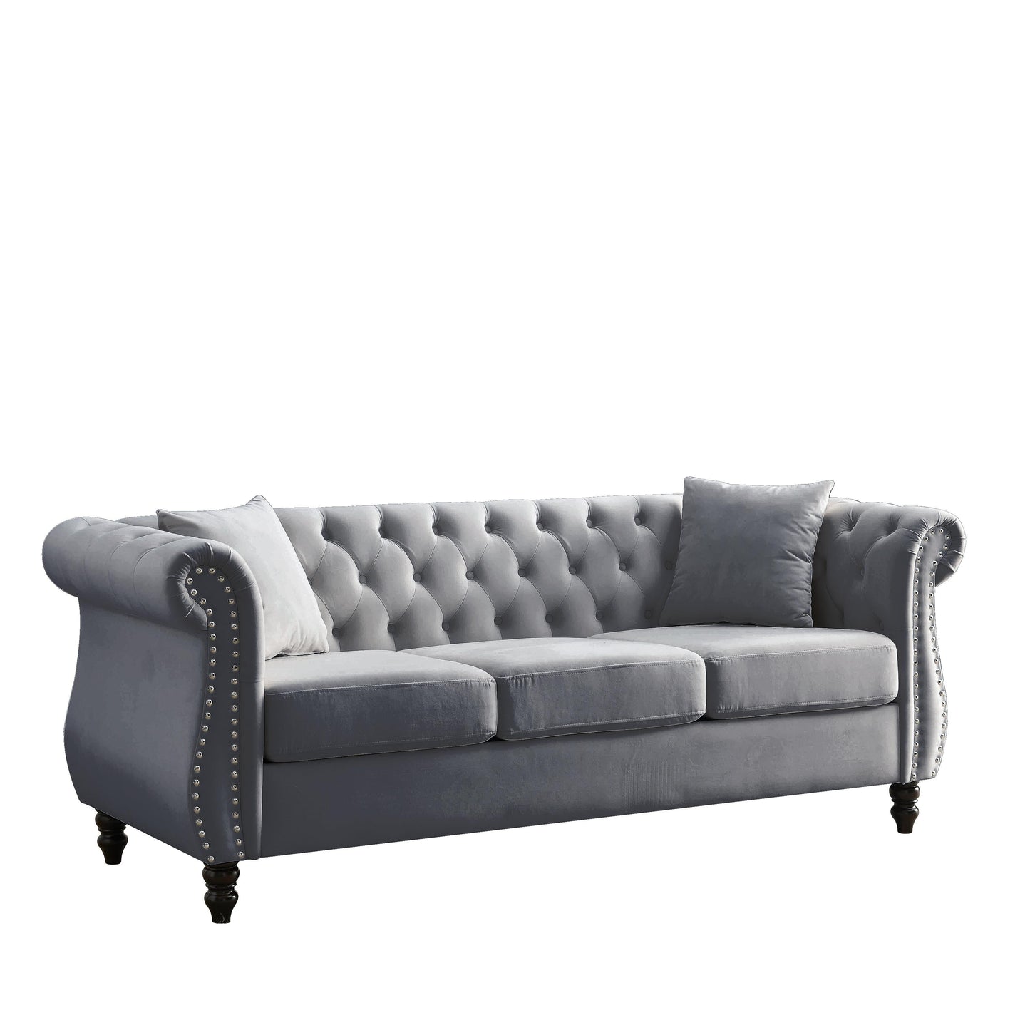 Divano Chesterfield in velluto 80 a 3 posti con design capitonné, finiture con borchie e 2 cuscini