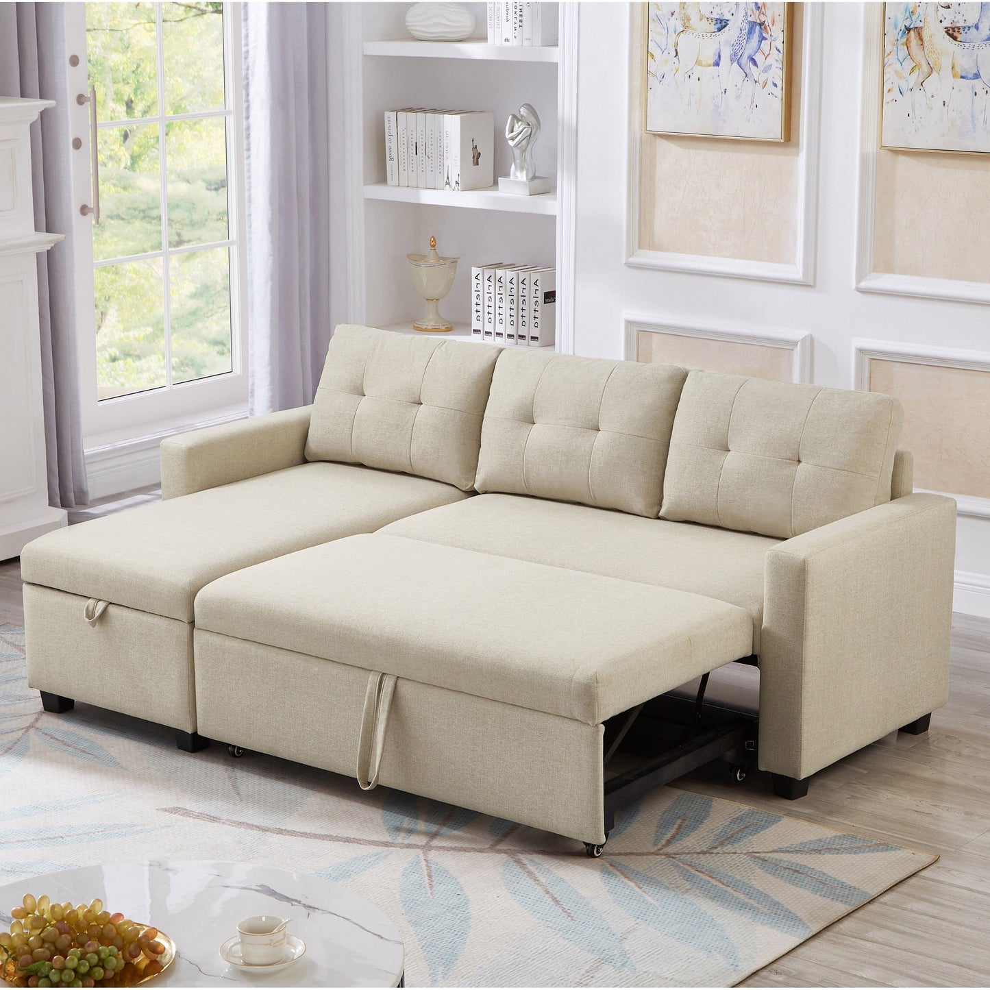 Divano letto imbottito trasformabile a 3 posti da 81,5'' con letto estraibile, chaise longue contenitore reversibile e cuscini per lo schienale
