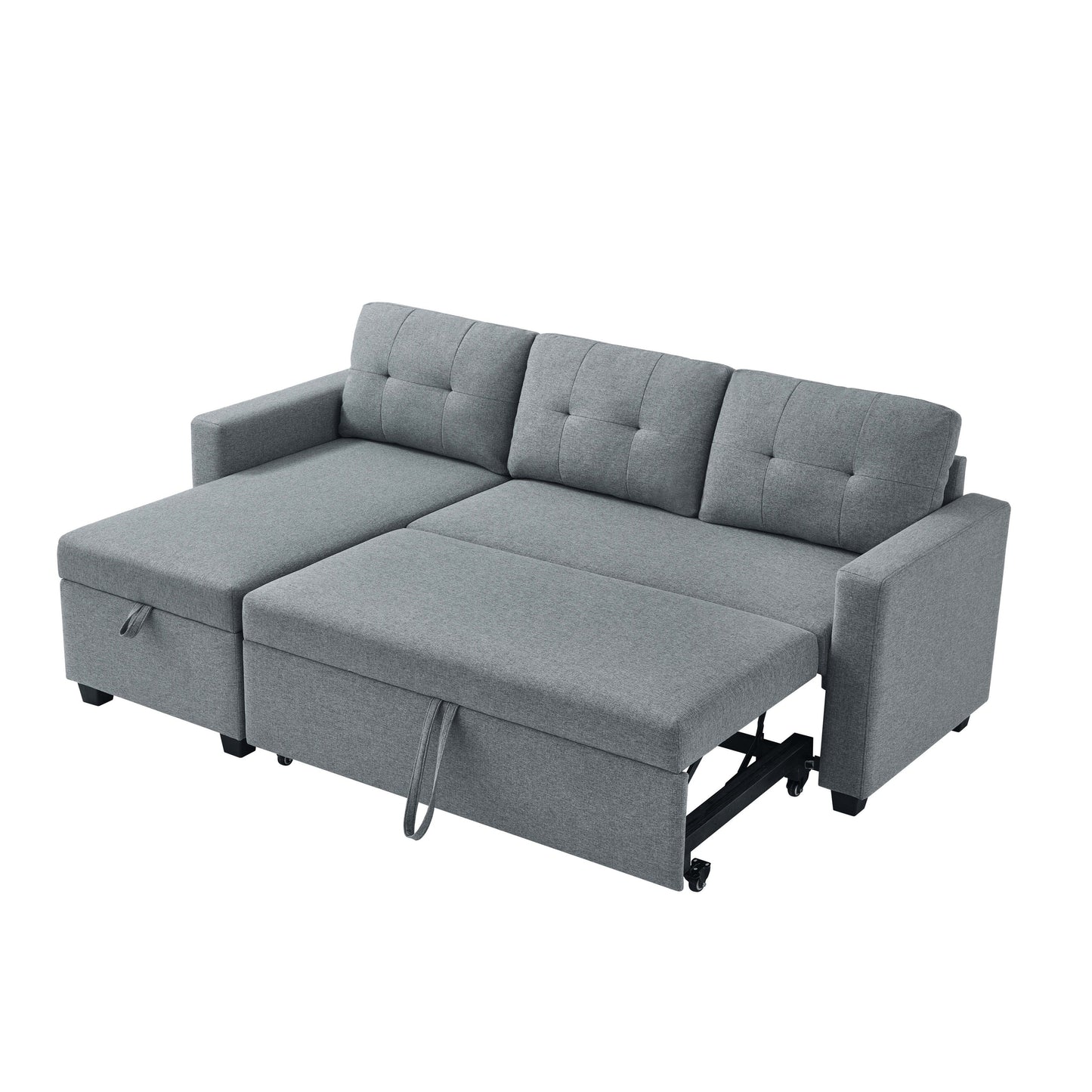 Divano letto imbottito trasformabile a 3 posti da 81,5'' con letto estraibile, chaise longue contenitore reversibile e cuscini per lo schienale