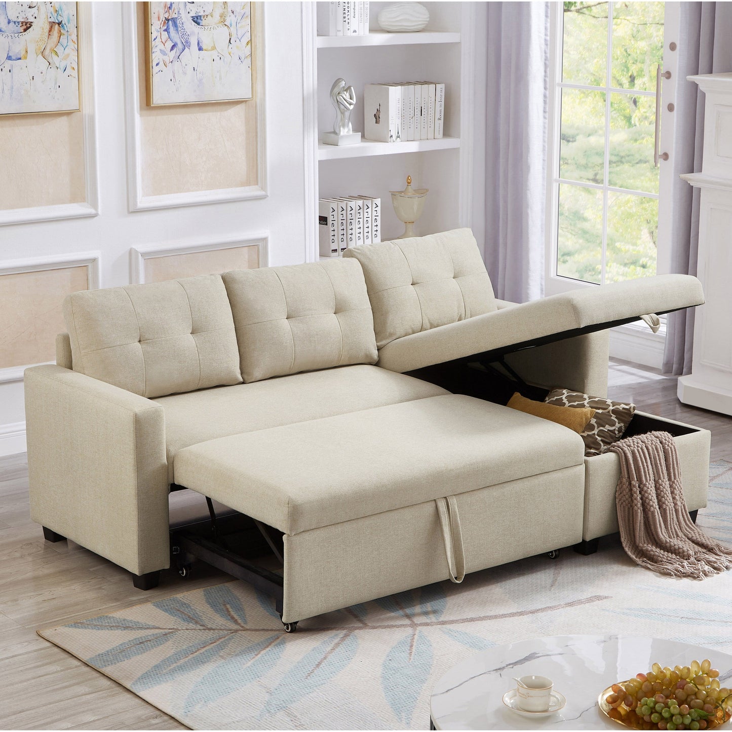 Divano letto imbottito trasformabile a 3 posti da 81,5'' con letto estraibile, chaise longue contenitore reversibile e cuscini per lo schienale