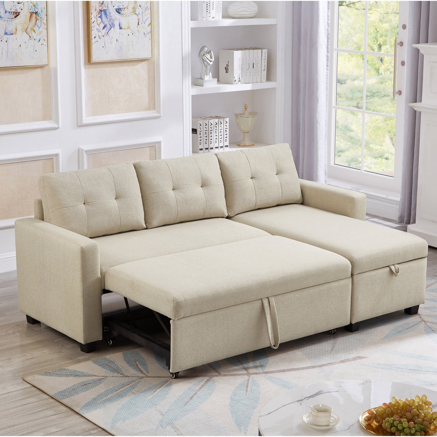 Divano letto imbottito trasformabile a 3 posti da 81,5'' con letto estraibile, chaise longue contenitore reversibile e cuscini per lo schienale
