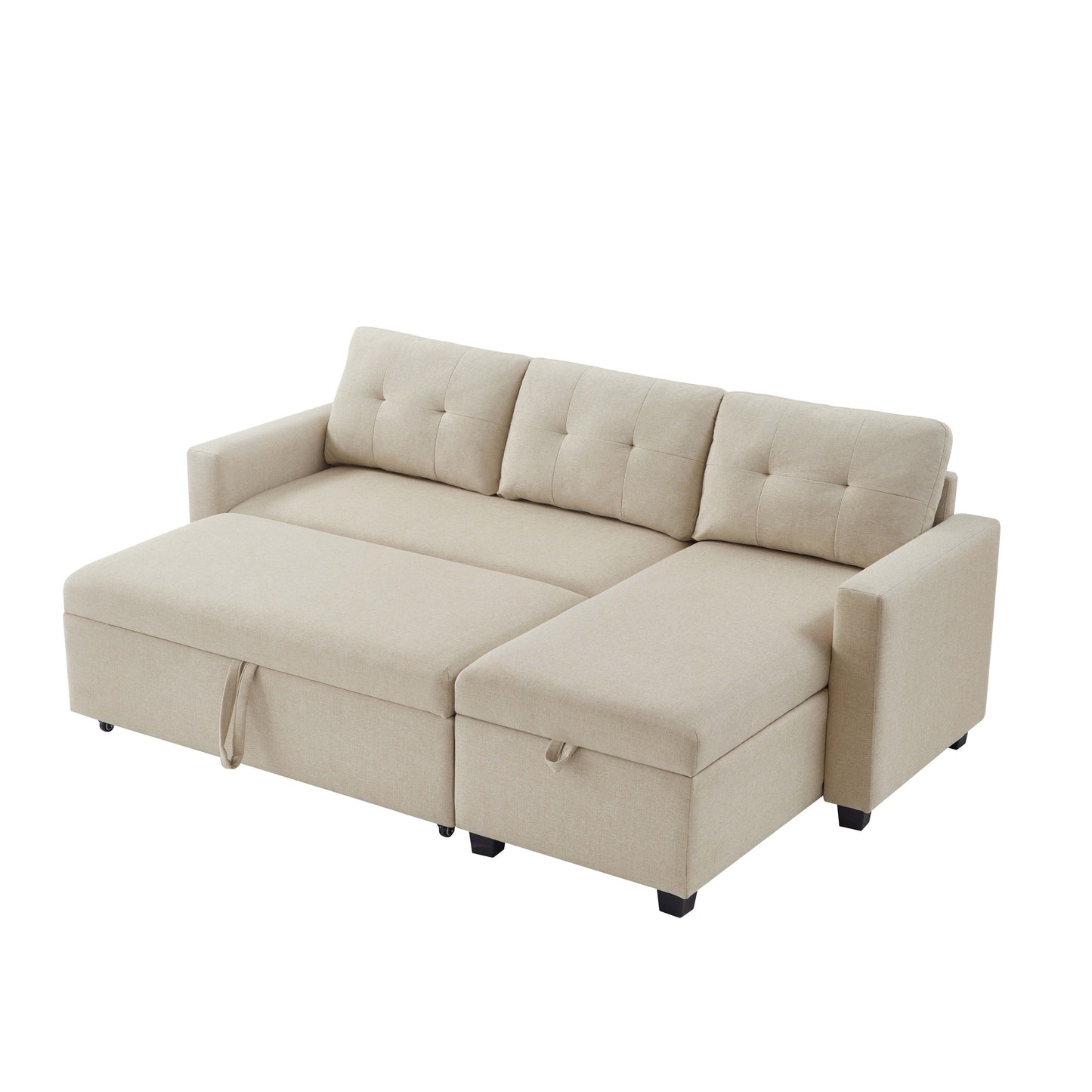 Divano letto imbottito trasformabile a 3 posti da 81,5'' con letto estraibile, chaise longue contenitore reversibile e cuscini per lo schienale