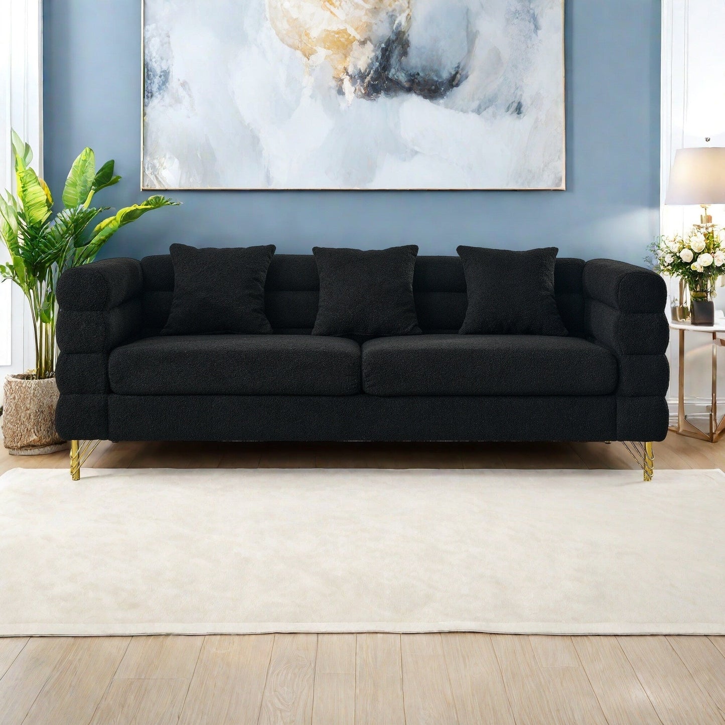 Divano in tessuto 81 a 3 posti con 3 cuscini, seduta morbida per soggiorno, camera da letto