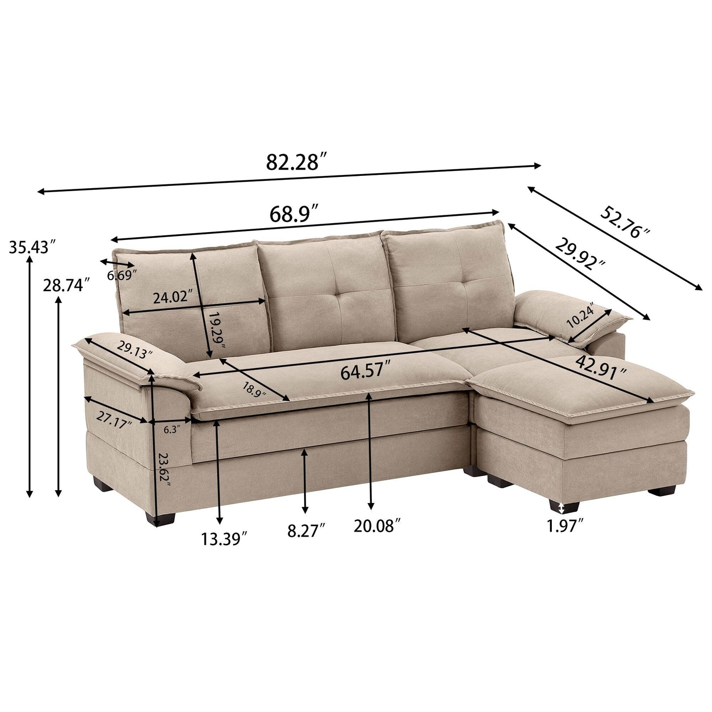 Divano componibile a L da 82,28 pollici con sedute a nuvola per soggiorno