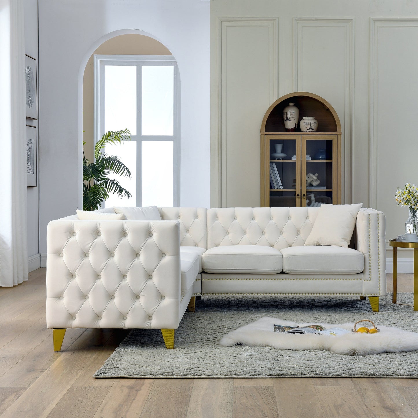 Divano a 5 posti a L in velluto da 82,2'' con finiture a borchie