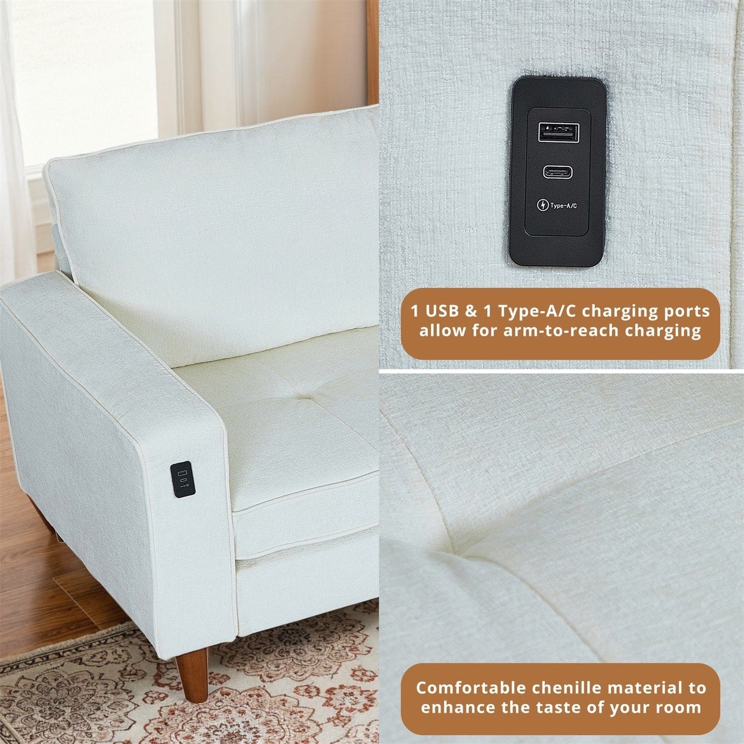 Divano reclinabile in ciniglia moderno da 82,6 pollici per soggiorno, divano a due posti, fodera per divano rimovibile con USB, facile da installare