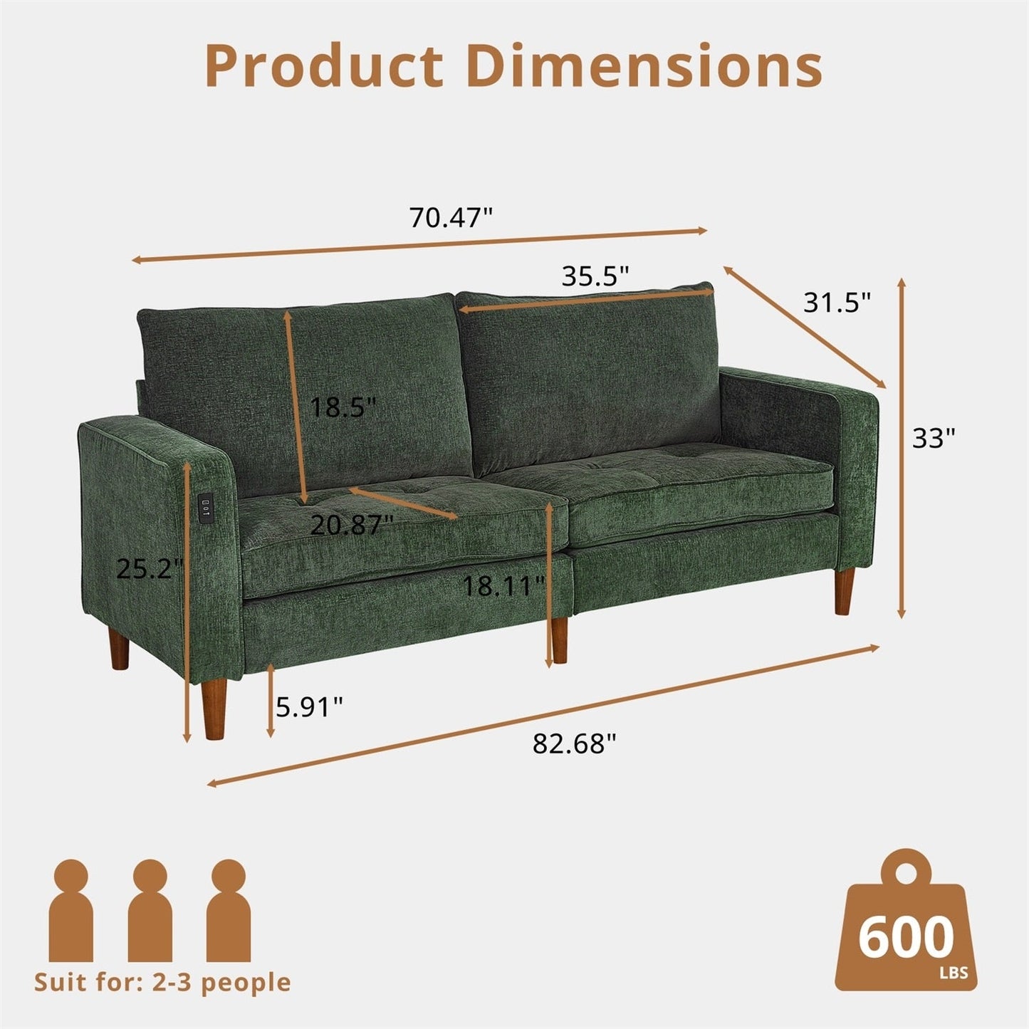 Divano reclinabile in ciniglia moderno da 82,6 pollici per soggiorno, divano a due posti, fodera per divano rimovibile con USB, facile da installare