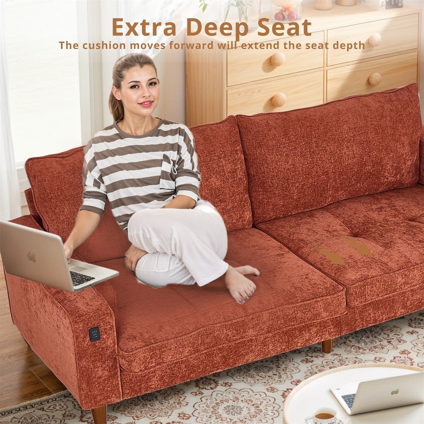 Divano reclinabile in ciniglia moderno da 82,6 pollici per soggiorno, divano a due posti, fodera per divano rimovibile con USB, facile da installare