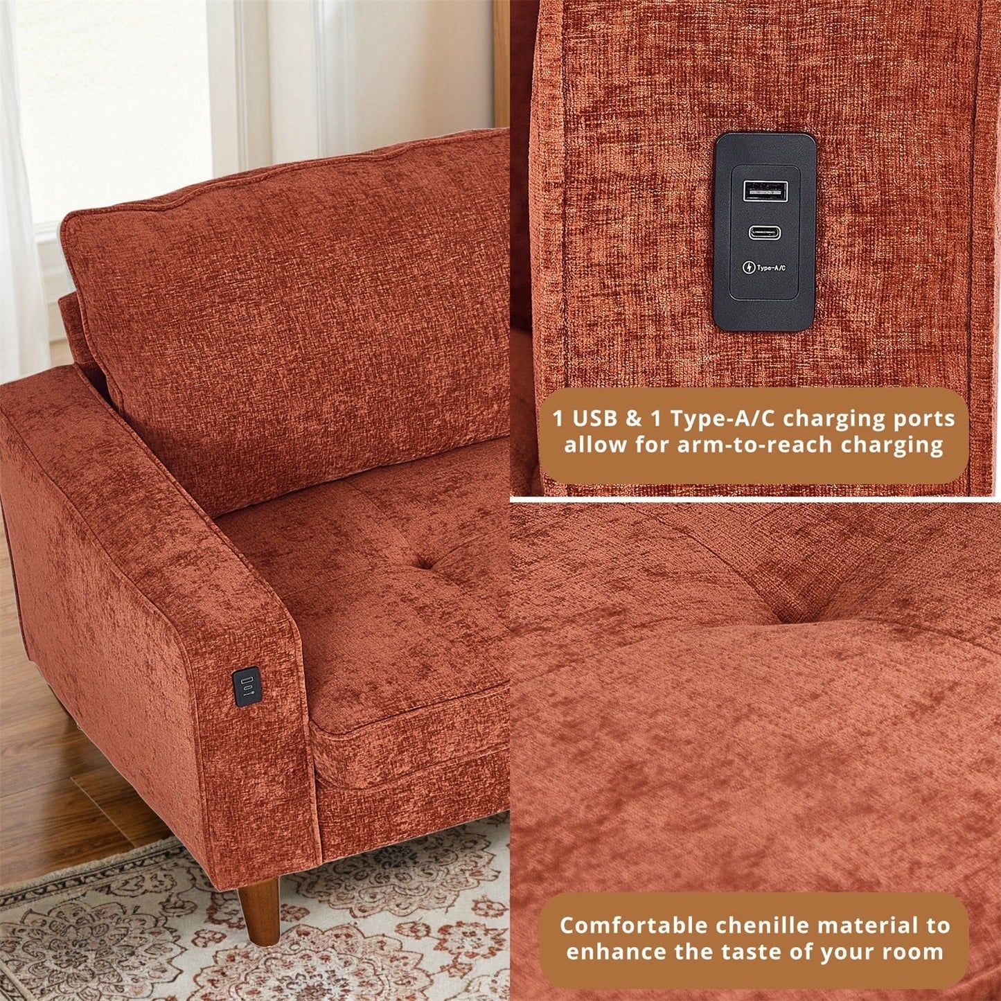 Divano reclinabile in ciniglia moderno da 82,6 pollici per soggiorno, divano a due posti, fodera per divano rimovibile con USB, facile da installare