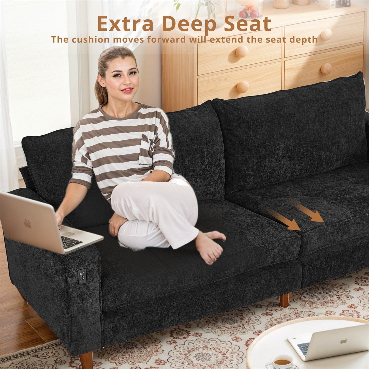 Divano reclinabile in ciniglia moderno da 82,6 pollici per soggiorno, divano a due posti, fodera per divano rimovibile con USB, facile da installare