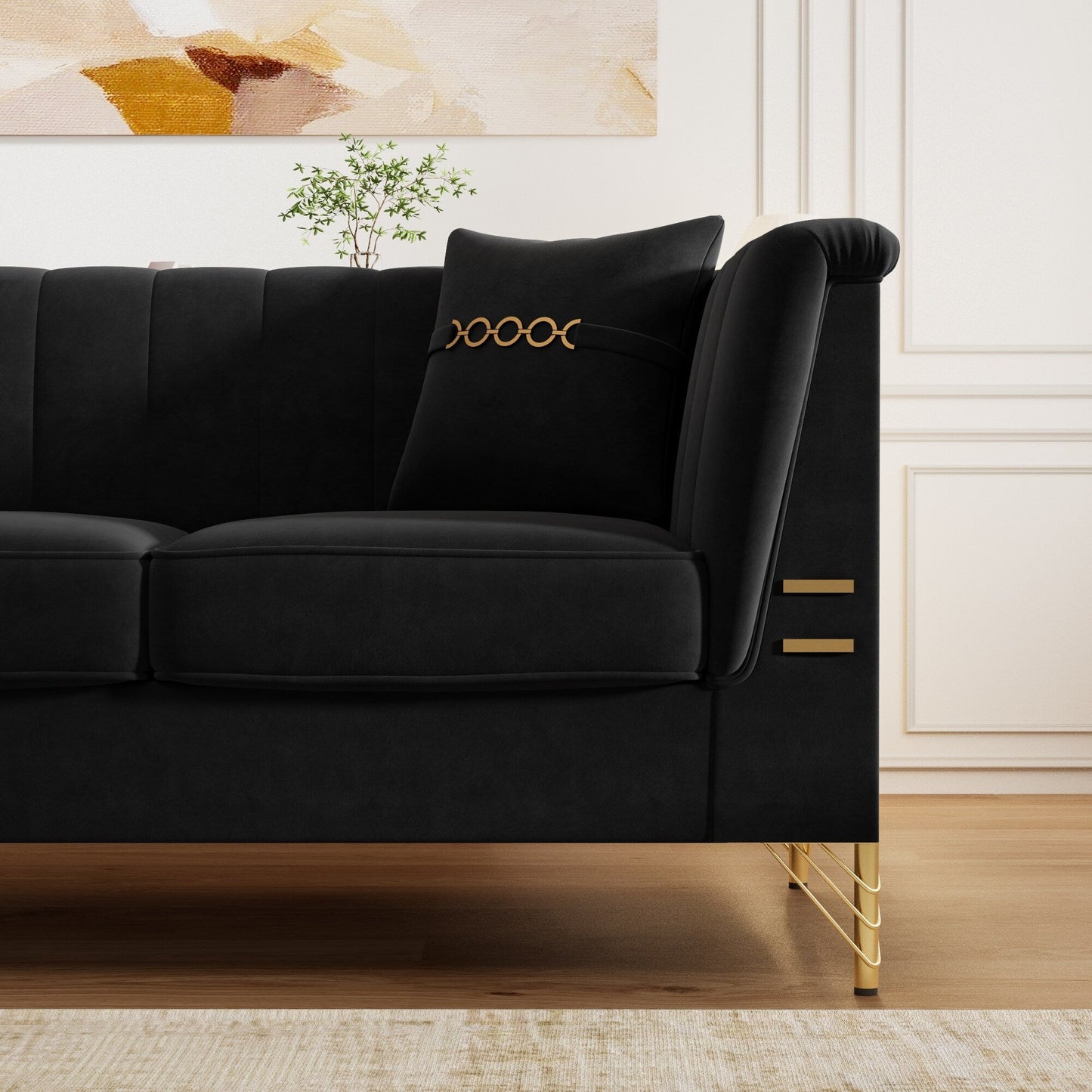 Divano moderno in velluto a 3 posti 82.67, schienale capitonné con canali verticali, gambe in metallo dorato, stile Chesterfield
