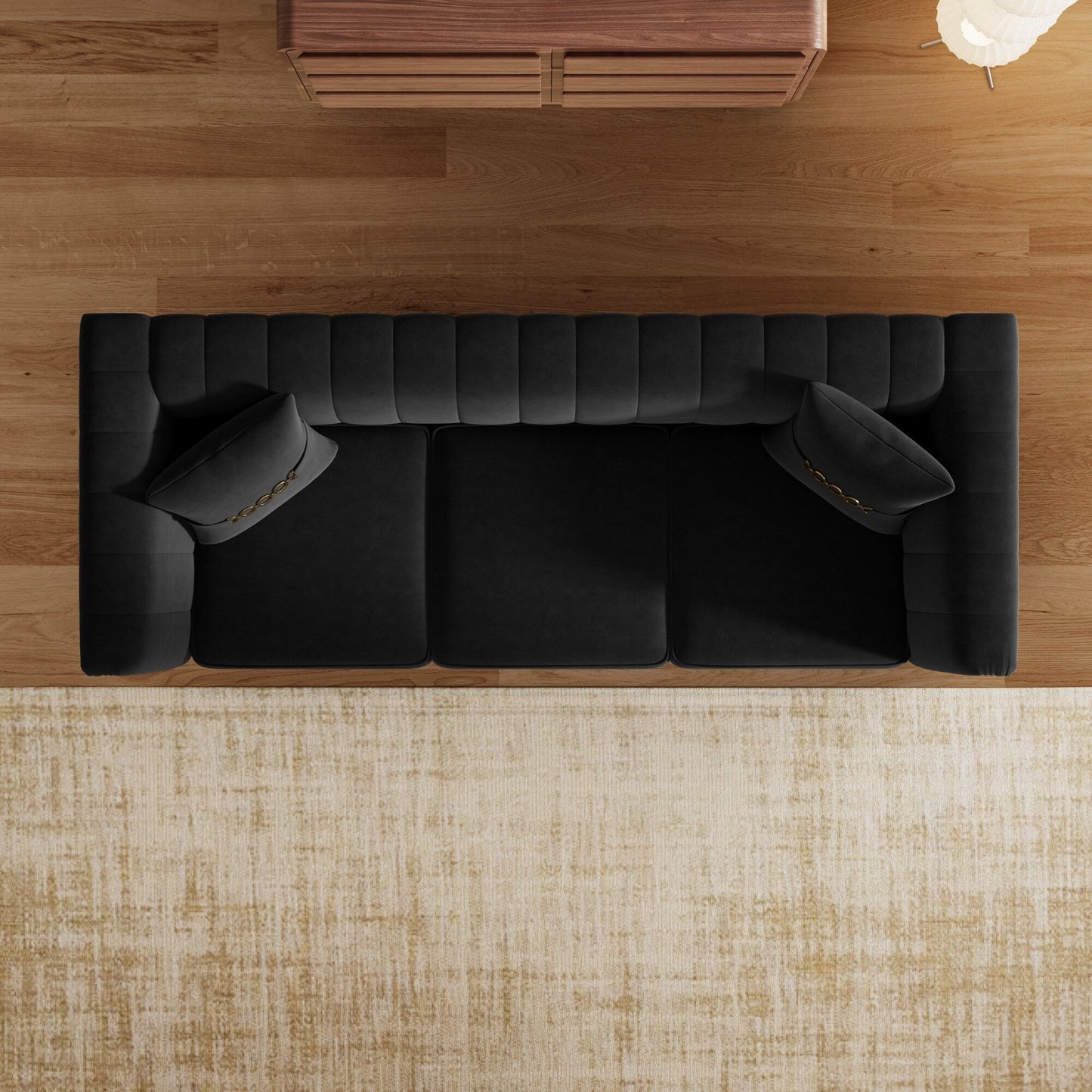 Divano moderno in velluto a 3 posti 82.67, schienale capitonné con canali verticali, gambe in metallo dorato, stile Chesterfield