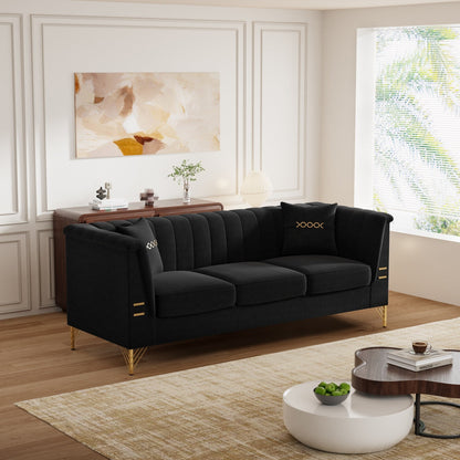 Divano moderno in velluto a 3 posti 82.67, schienale capitonné con canali verticali, gambe in metallo dorato, stile Chesterfield