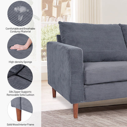 Divano a due posti rettangolare in velluto a coste da 82,68 pollici, stile moderno di metà secolo, con bracciolo quadrato