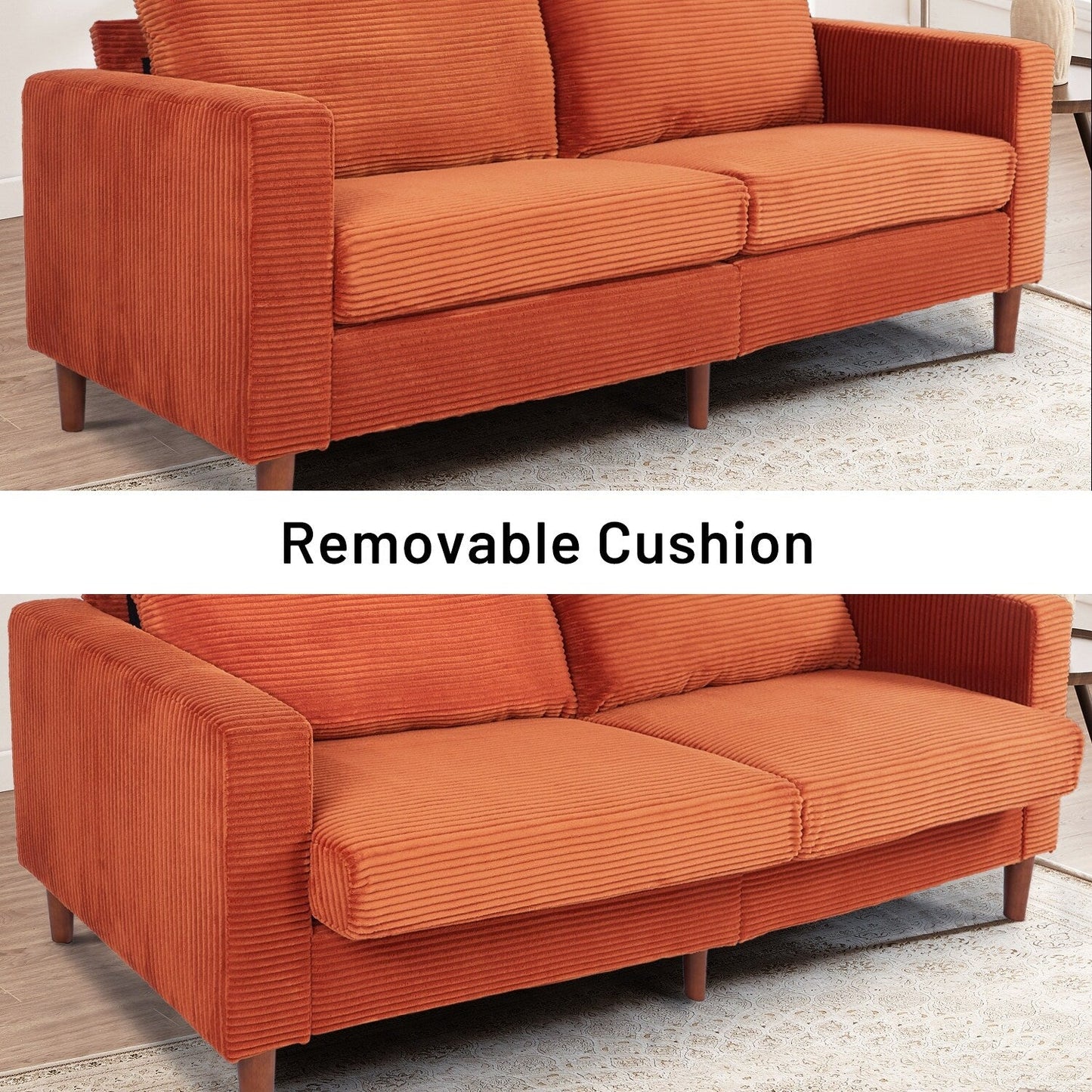 Divano a due posti rettangolare in velluto a coste da 82,68 pollici, stile moderno di metà secolo, con bracciolo quadrato