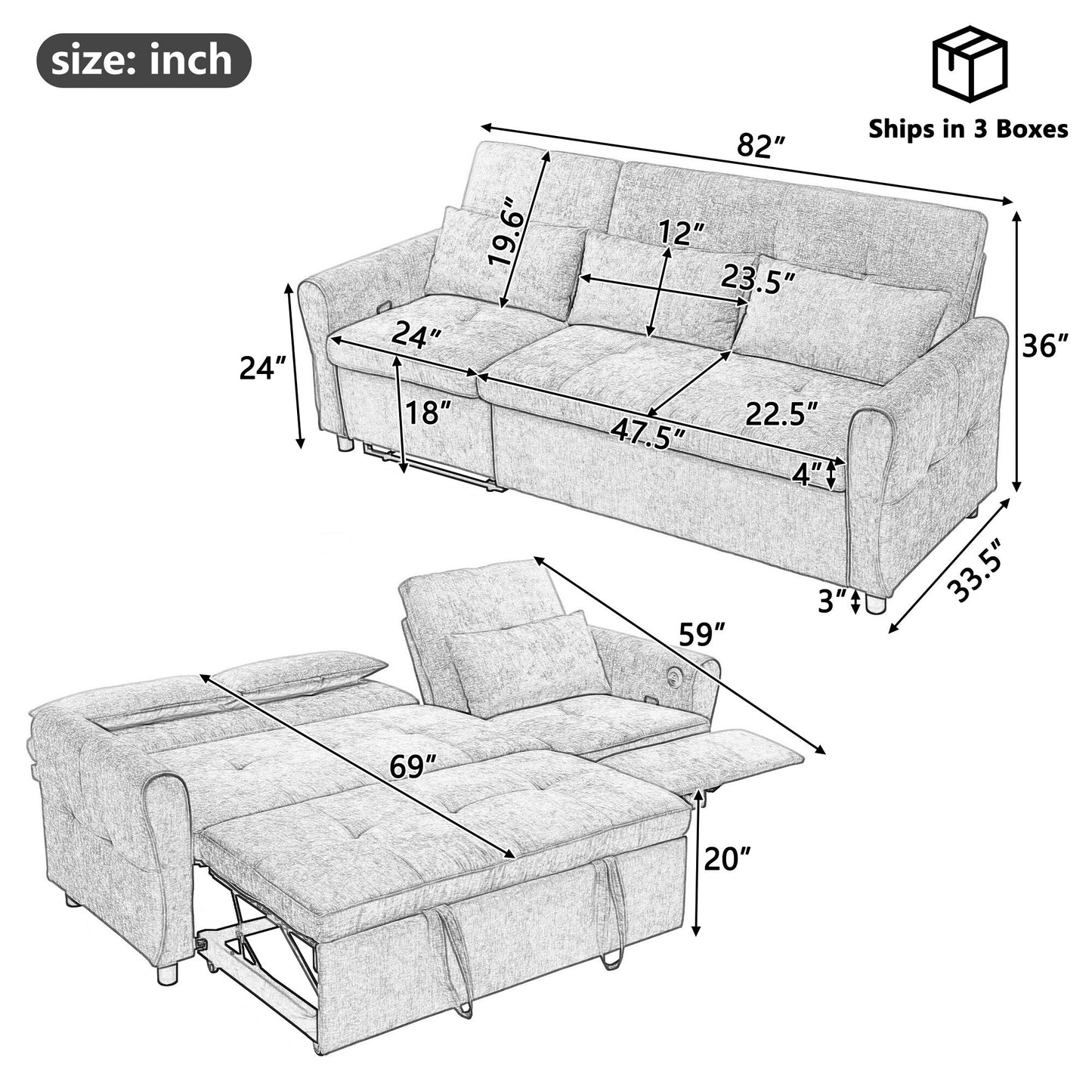 Divano letto 2 in 1 in ciniglia 82 con schienale regolabile, chaise longue reversibile, porte di ricarica USB