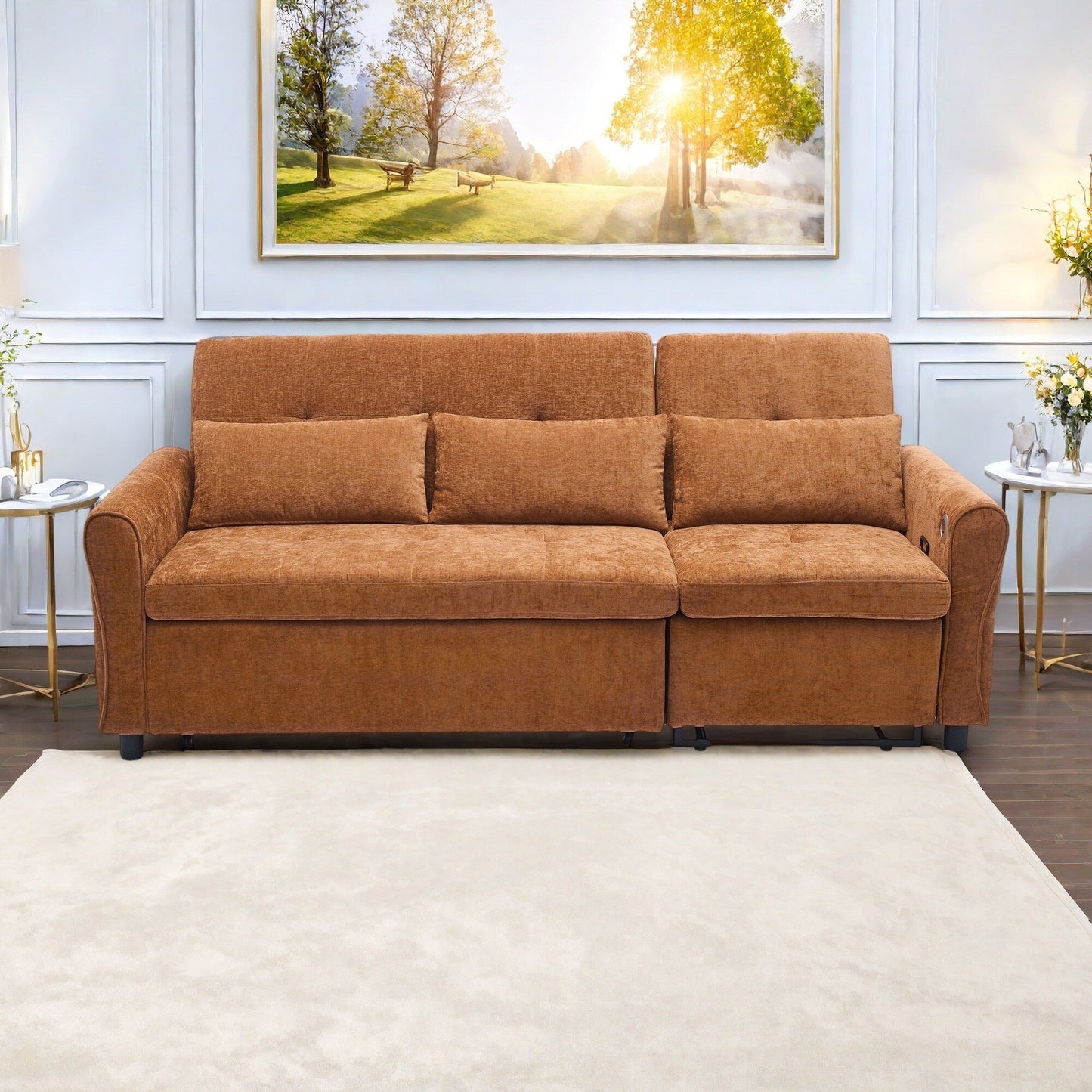 Divano letto 2 in 1 in ciniglia 82 con schienale regolabile, chaise longue reversibile, porte di ricarica USB