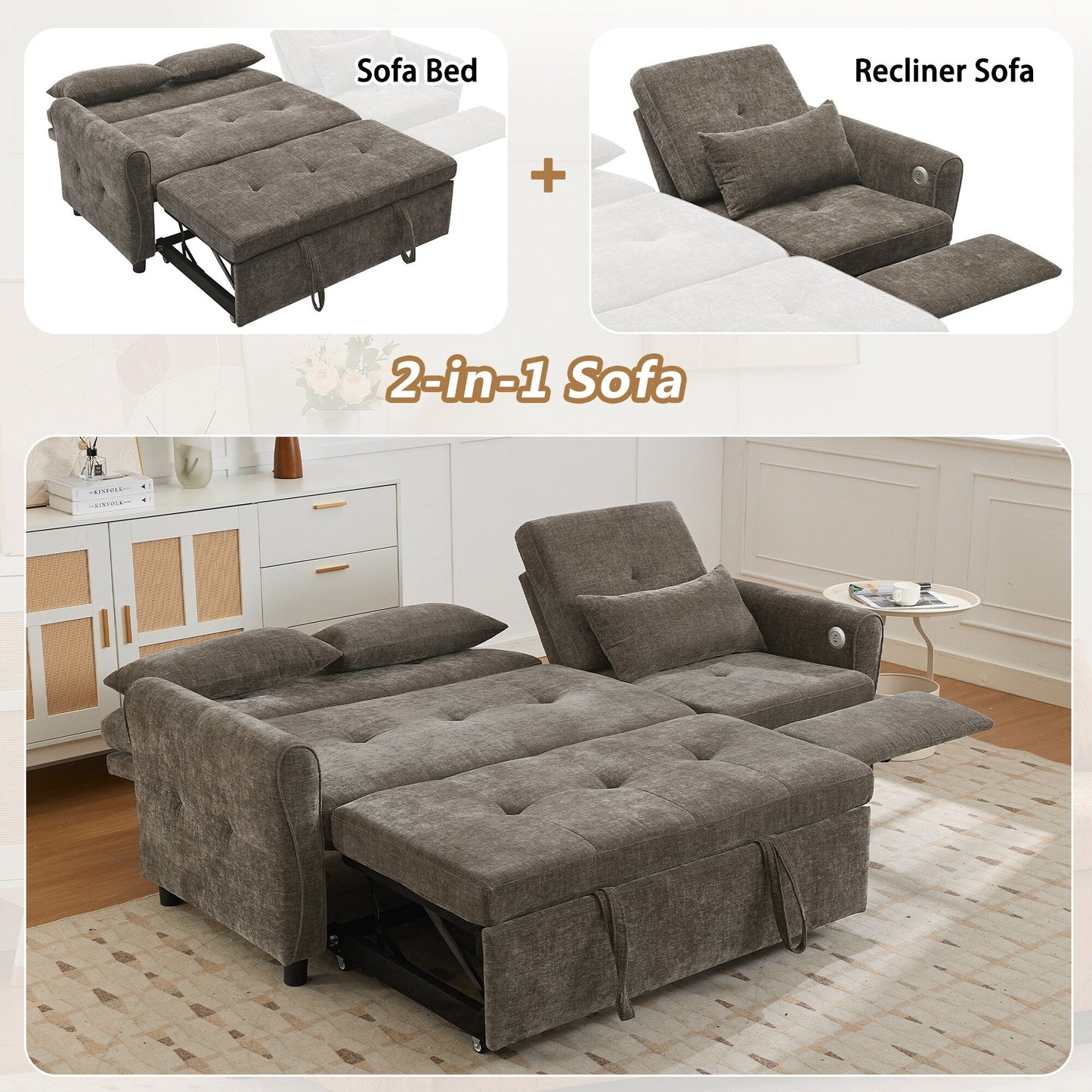 Divano letto 2 in 1 in ciniglia 82 con schienale regolabile, chaise longue reversibile, porte di ricarica USB