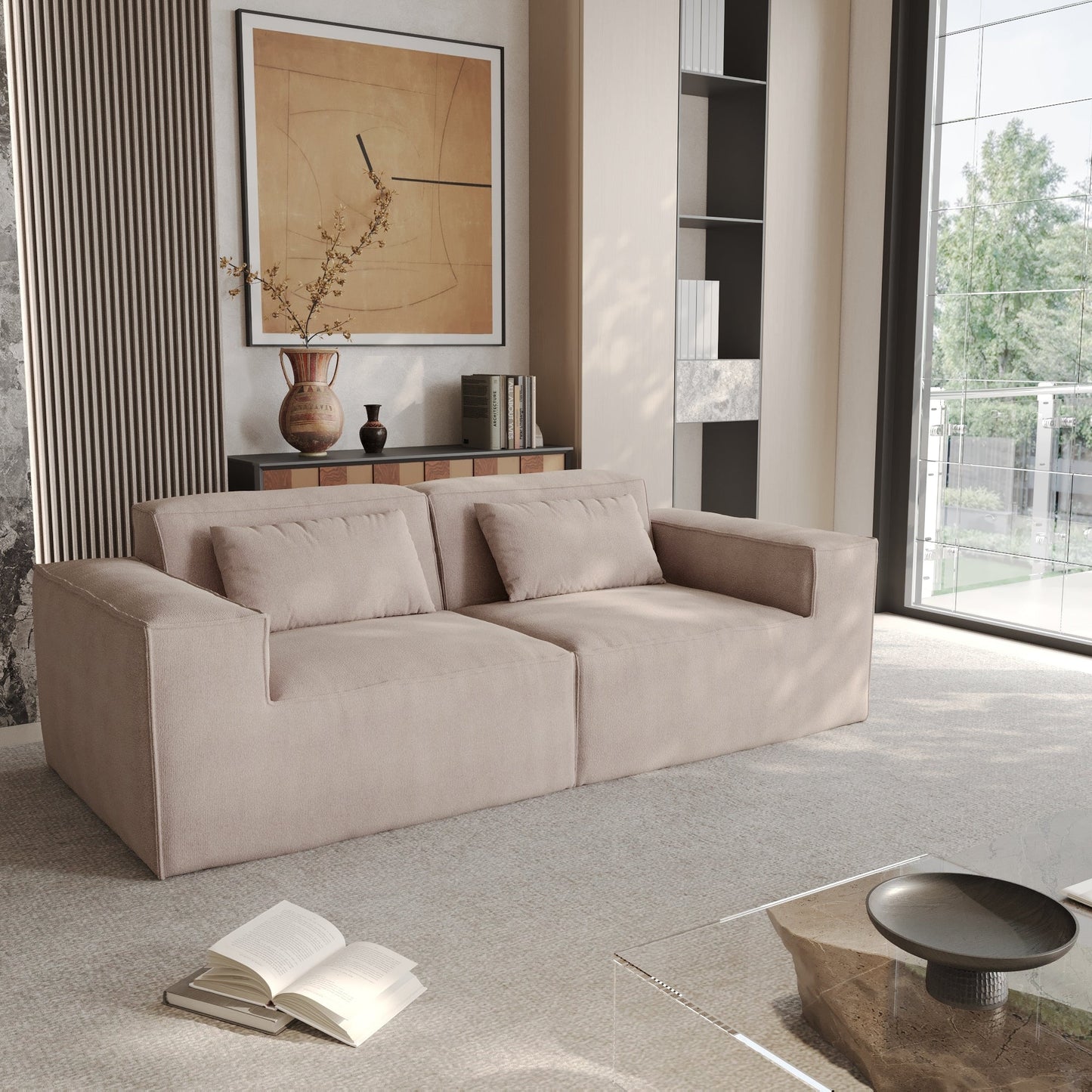 Divano componibile moderno imbottito 82, divano in velluto a coste con rivestimento in tessuto mobile e 2 cuscini