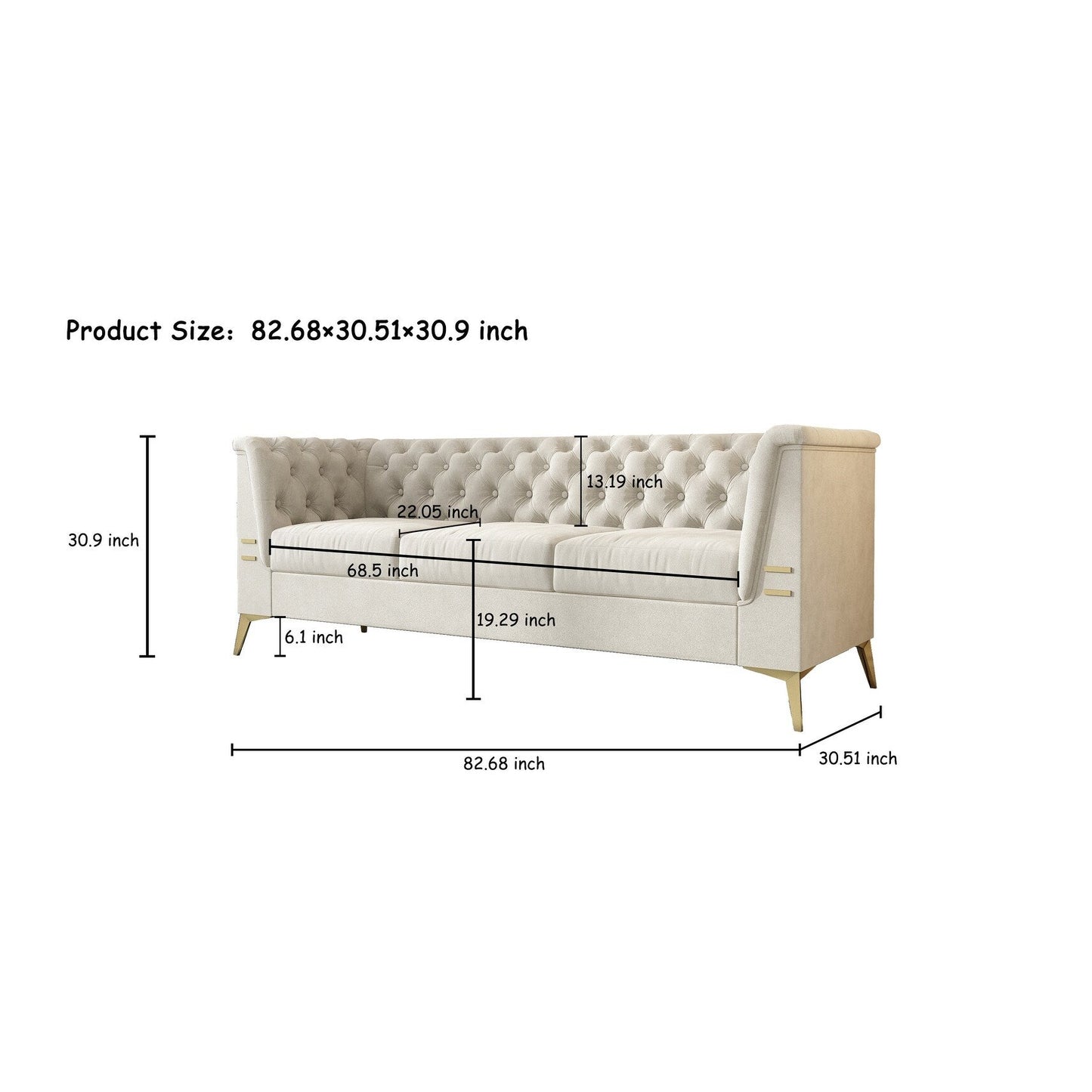 Divano moderno in velluto a 3 posti da 82'' con design capitonné e gambe in metallo dorato