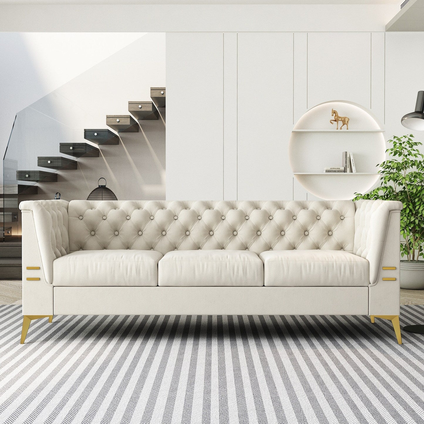 Divano moderno in velluto a 3 posti da 82'' con design capitonné e gambe in metallo dorato