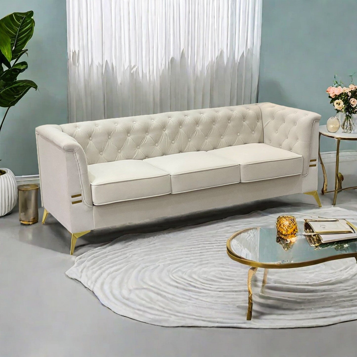 Divano Chesterfield in velluto da 82'' a 3 posti con gambe in metallo dorato, spugna ad alto rimbalzo e cuscini rimovibili