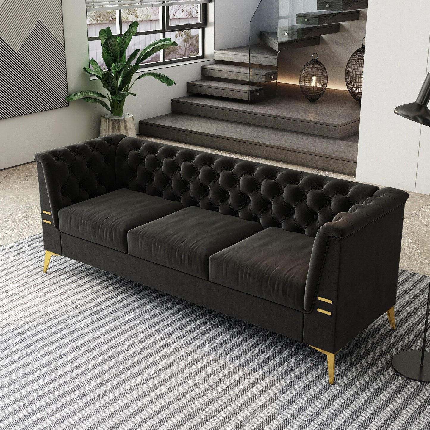 Divano Chesterfield in velluto da 82'' a 3 posti con gambe in metallo dorato, spugna ad alto rimbalzo e cuscini rimovibili