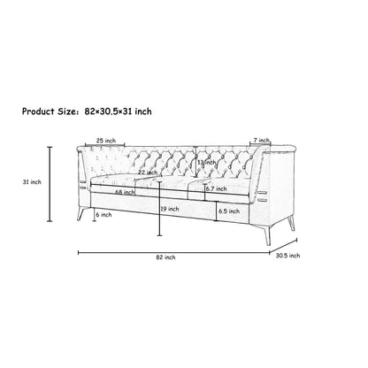 Divano Chesterfield in velluto da 82'' a 3 posti con gambe in metallo dorato, spugna ad alto rimbalzo e cuscini rimovibili