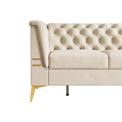 Divano Chesterfield in velluto da 82'' a 3 posti con gambe in metallo dorato, spugna ad alto rimbalzo e cuscini rimovibili