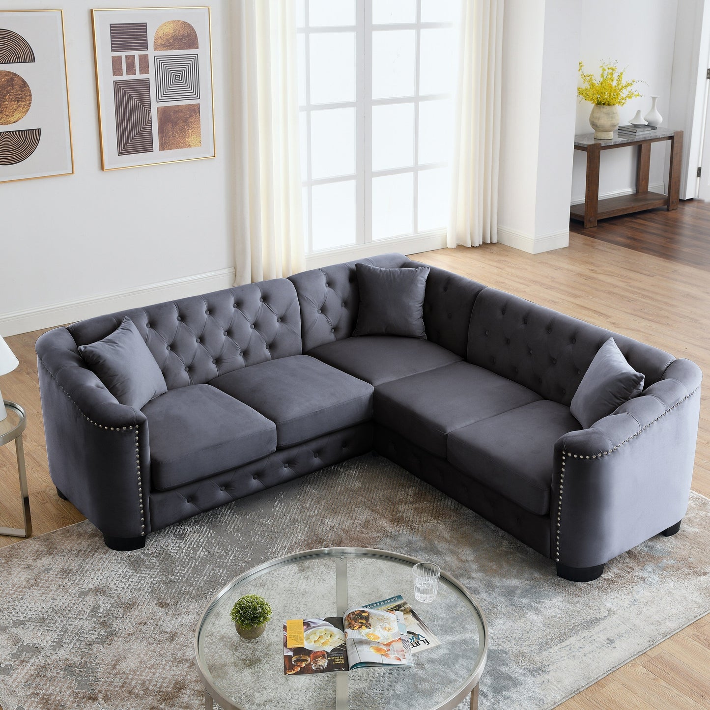 Divano angolare Chesterfield in velluto da 82'' a forma di L, 5 posti, con 3 cuscini, finiture con borchie e cuscini rimovibili, struttura in legno massello