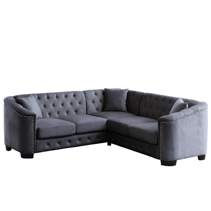 Divano angolare Chesterfield in velluto da 82'' a forma di L con 3 cuscini, cuscini rimovibili e finiture con borchie