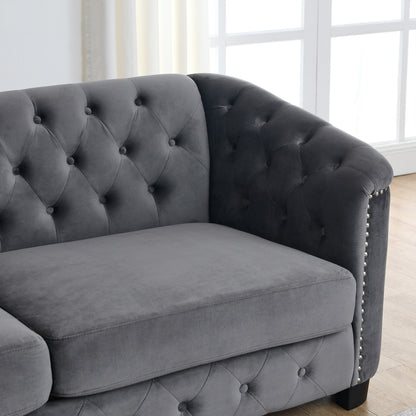 Divano angolare Chesterfield in velluto da 82'' a forma di L con 3 cuscini, cuscini rimovibili e finiture con borchie