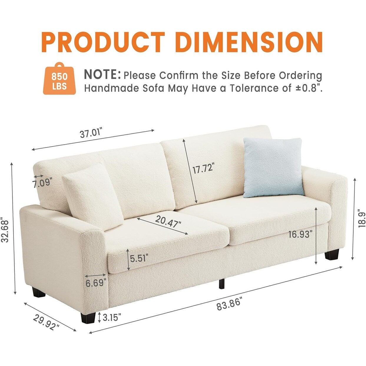 Divano moderno a 3 posti da 83 pollici con sedute profonde, comodo divano a nuvola per il soggiorno