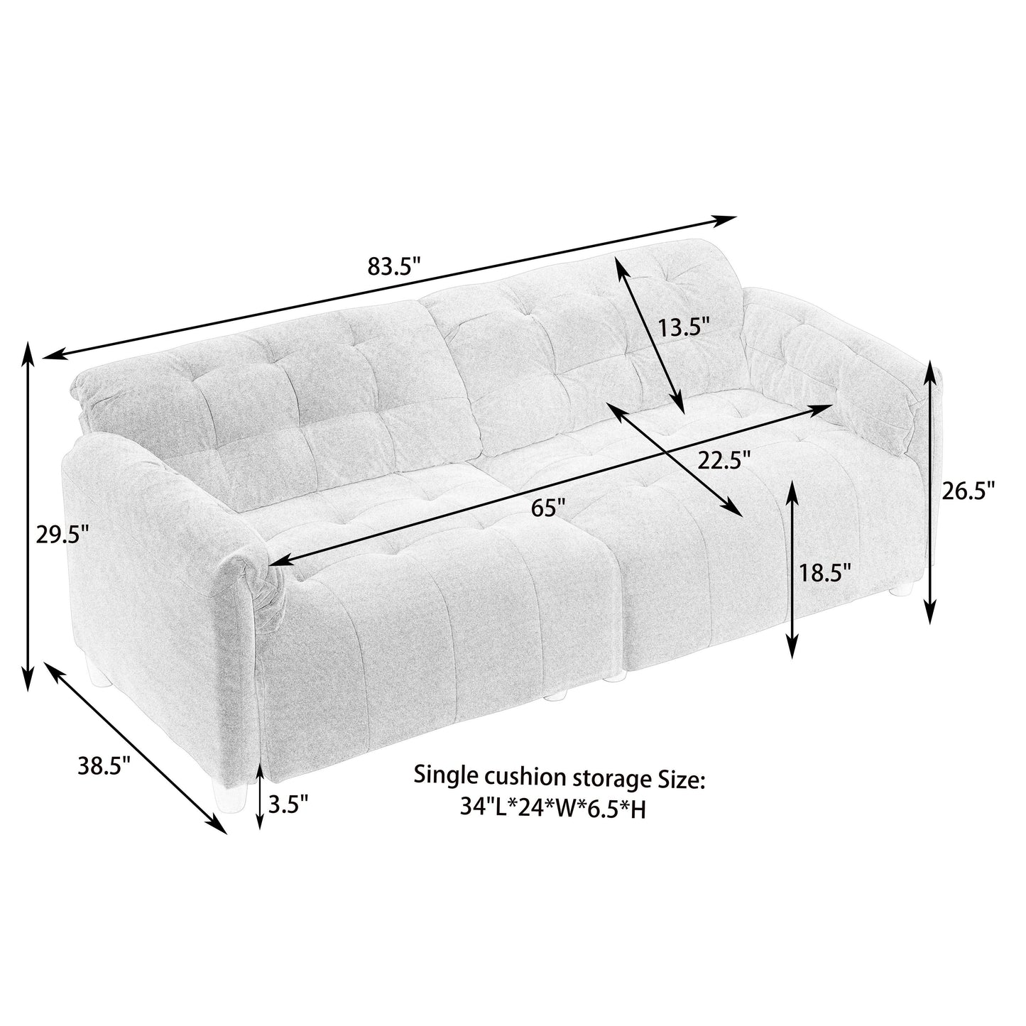 Divano 83.1 Flanella a 3 posti con schiuma ad alta densità, struttura in legno massello, facile da montare