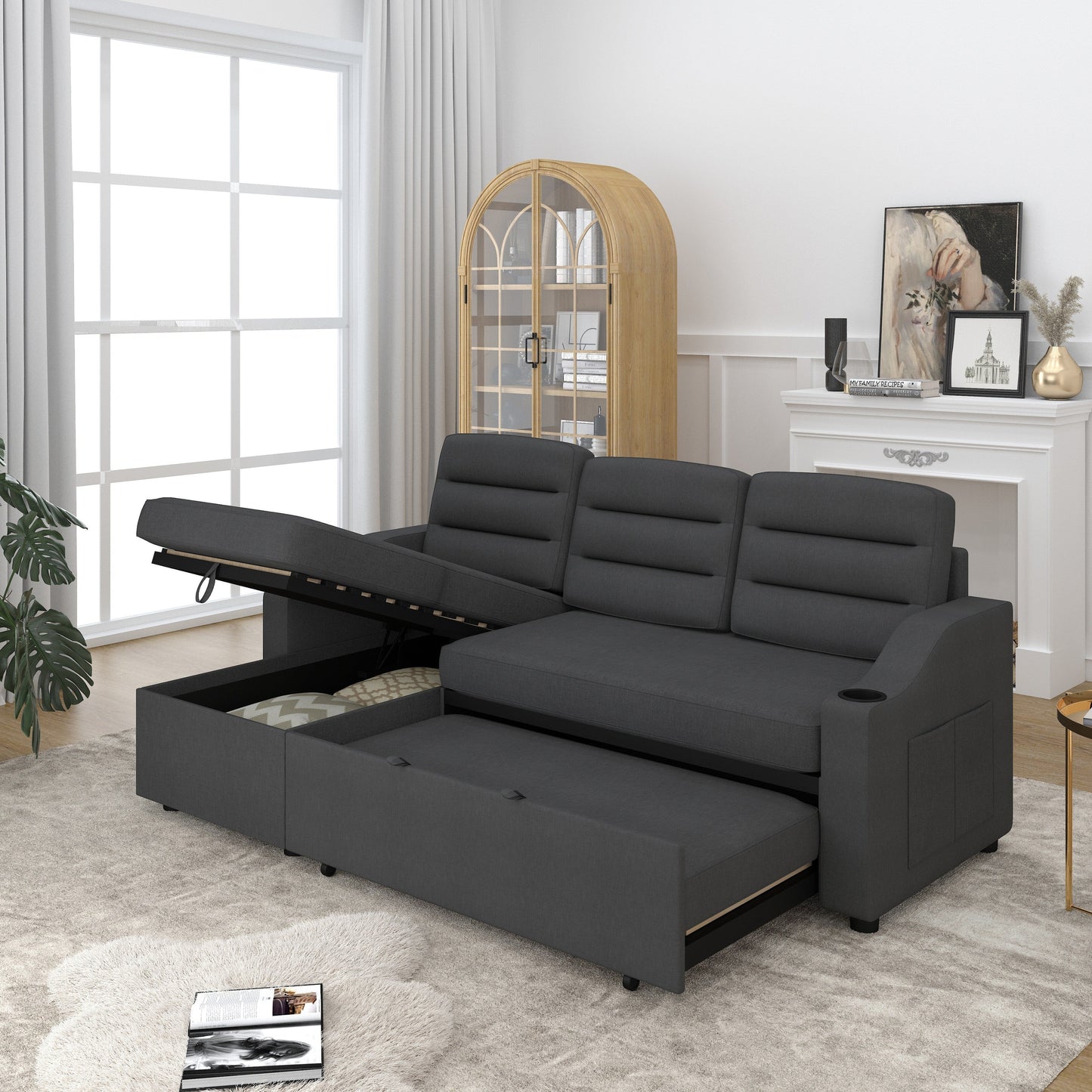 Divano letto trasformabile in poliestere da 83,5'' a 3 posti con letto estraibile, poltrona reclinabile con contenitore, portabicchieri e tasche laterali