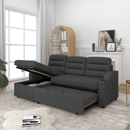 Divano letto trasformabile in poliestere da 83,5'' a 3 posti con letto estraibile, poltrona reclinabile con contenitore, portabicchieri e tasche laterali